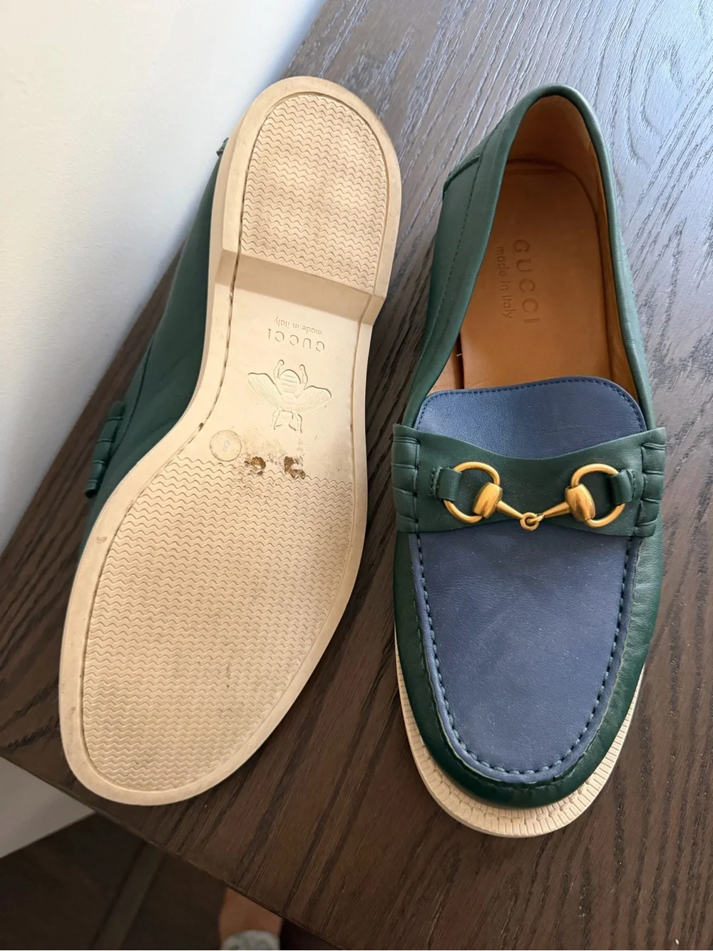 Gucci Two-Tone Blue & Green Leather Horsebit Loafers